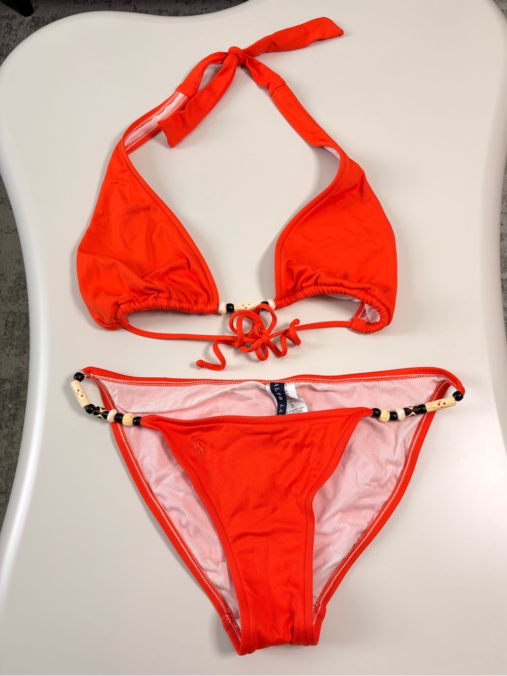 RALPH LAUREN - Bright Orange Beaded Tie Bikini Set